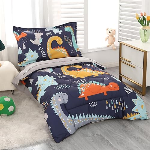 Miniatura 5 de Wowelife Juegos de Ropa de Cama para Niños Pequeños para Niños Premium Juego de Edredón de Dinosaurio de 4 Piezas Azul Gris, Súper Suave y Cómodo