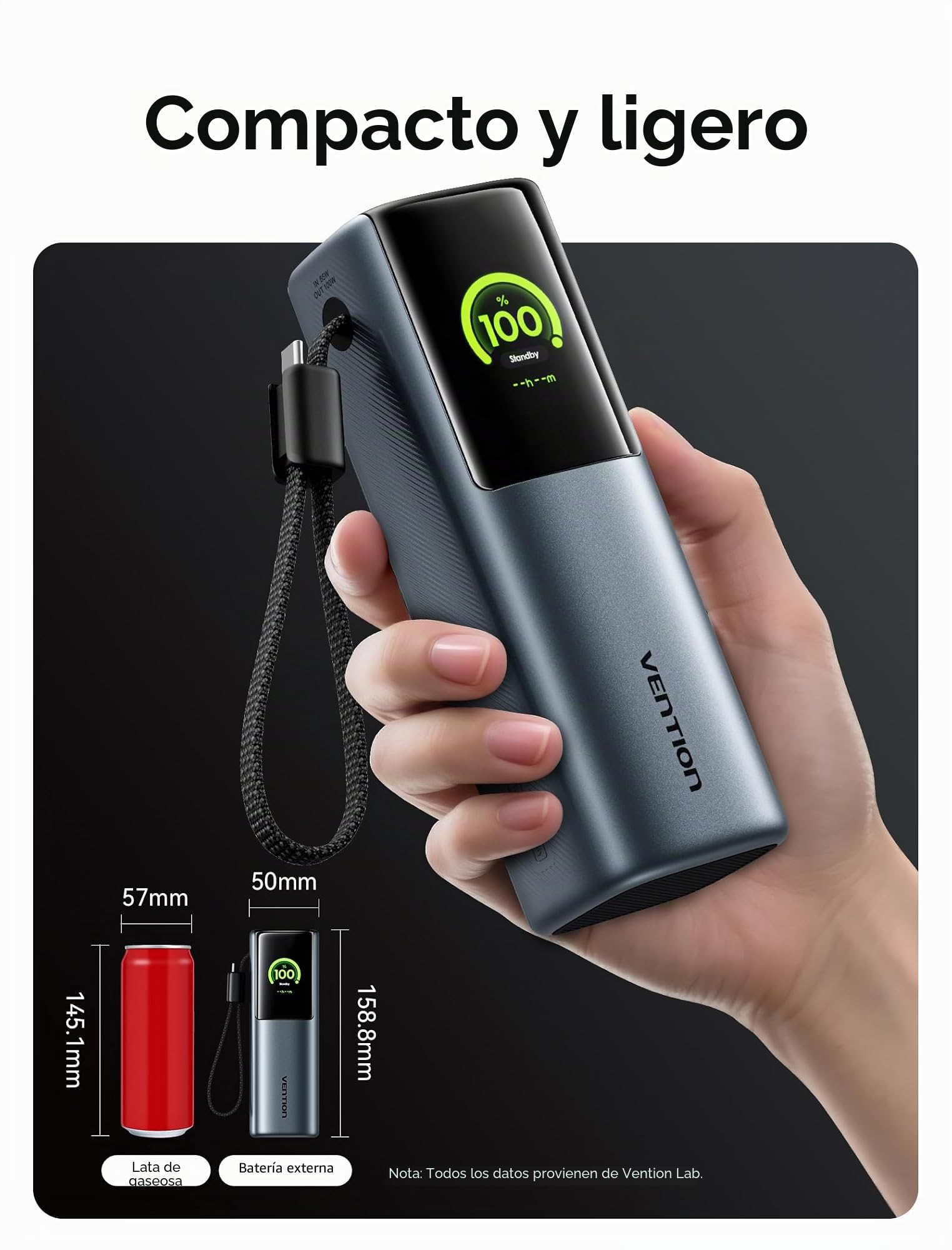 VENTION Power Bank 20000 mAh 165W, batería Externa Carga rápida con Pantalla Digital y animación Emoji, Cable USB-C Integrado, 2×100W USB-C + USB-A, para MacBook Pro, DELL/HP, iPhone 17/16/15, Galaxy