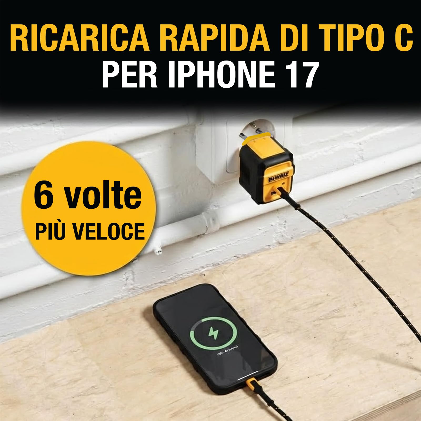 DEWALT Caricatore da Parete Heavy Duty 49,5W con Doppia Porta USB-A e USB-C (Cavo Non Incluso), Alimentatore Compatto Pieghevole a Ricarica Rapida per iPhone 17/16/15/14, Galaxy, Pixel, iPad