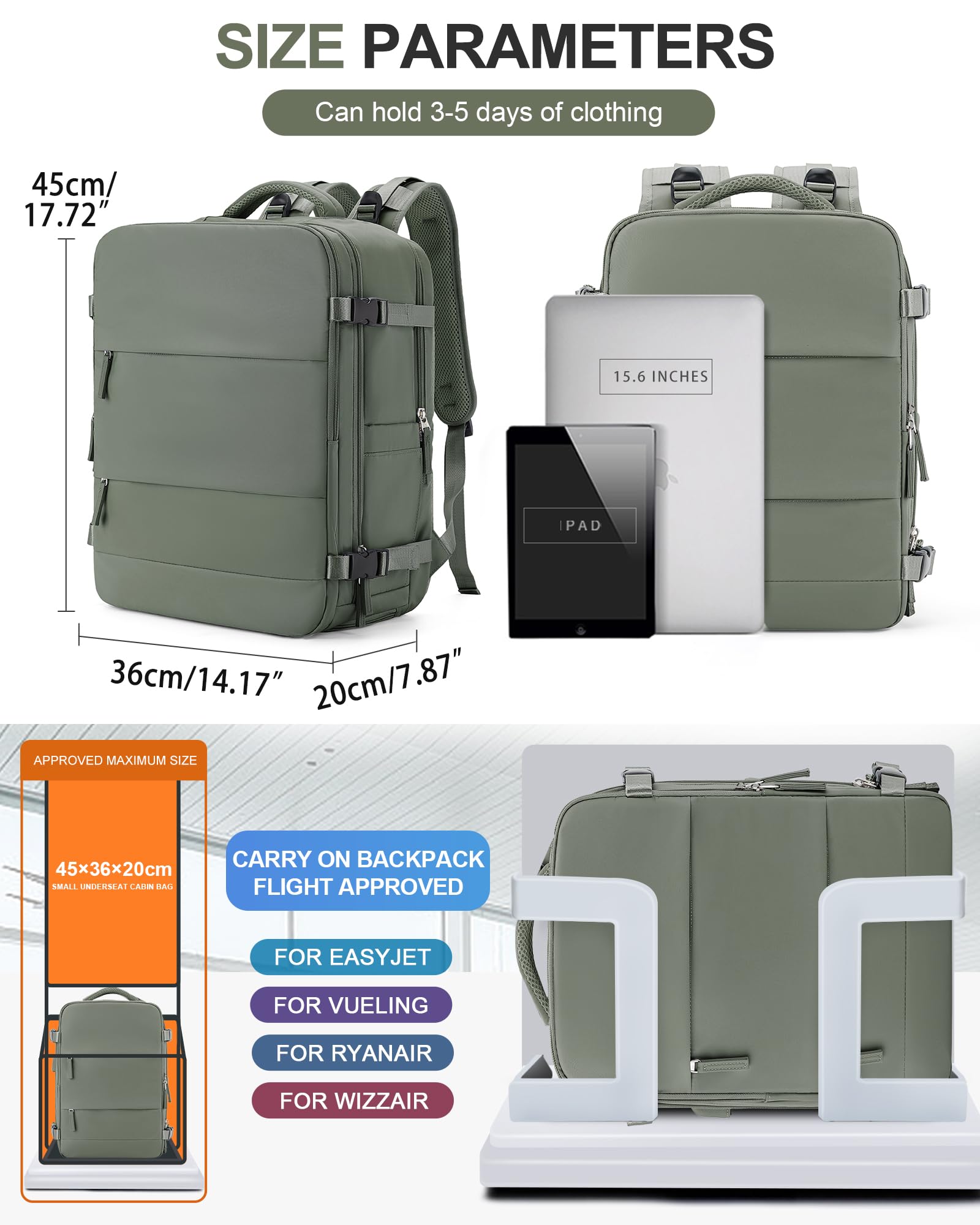 BJLFS Borse da Cabina per Ryanair 40x20x25 Bagaglio a Mano Zaino da viaggio aere,Zaino Easyjet 45x36x20,Zaino Casual per laptop da 14 pollici per scuola