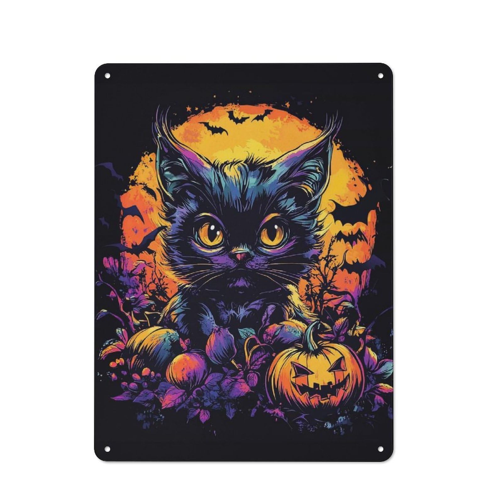 Junmoney Halloween Cat With Pumpkins And Bats Metal Wall Sign 40X30cm Featuring For Living Room Wall, For Decorating Living Rooms And Feature Walls