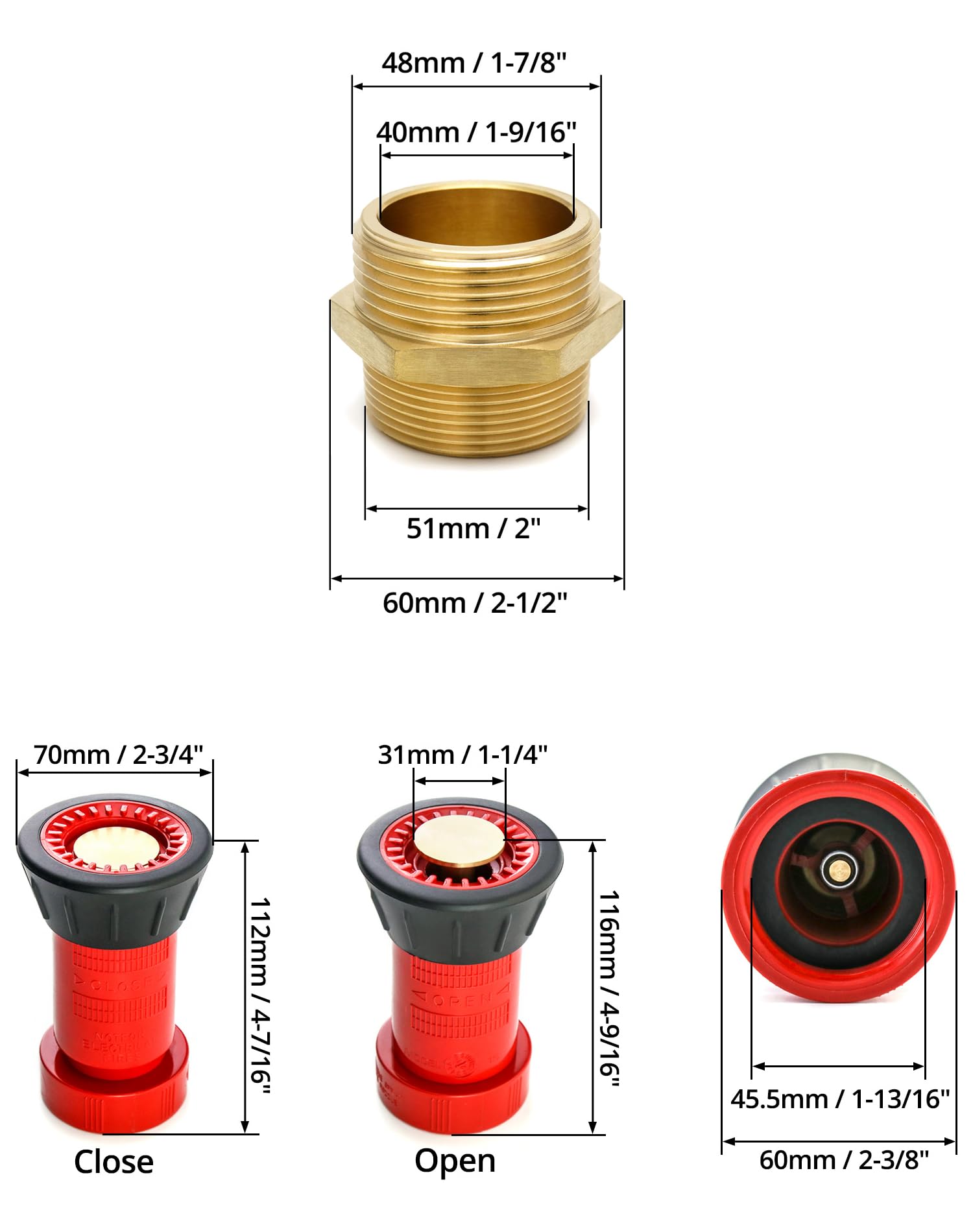 QWORK 2 adattatori esagonali in ottone per attrezzature antincendio, 1-1/2" NPT maschio a 1-1/2" maschio NST (NH) - 2 ugelli per manichetta antincendio, 1-1/2" NST/NH, per antincendio, industriale e