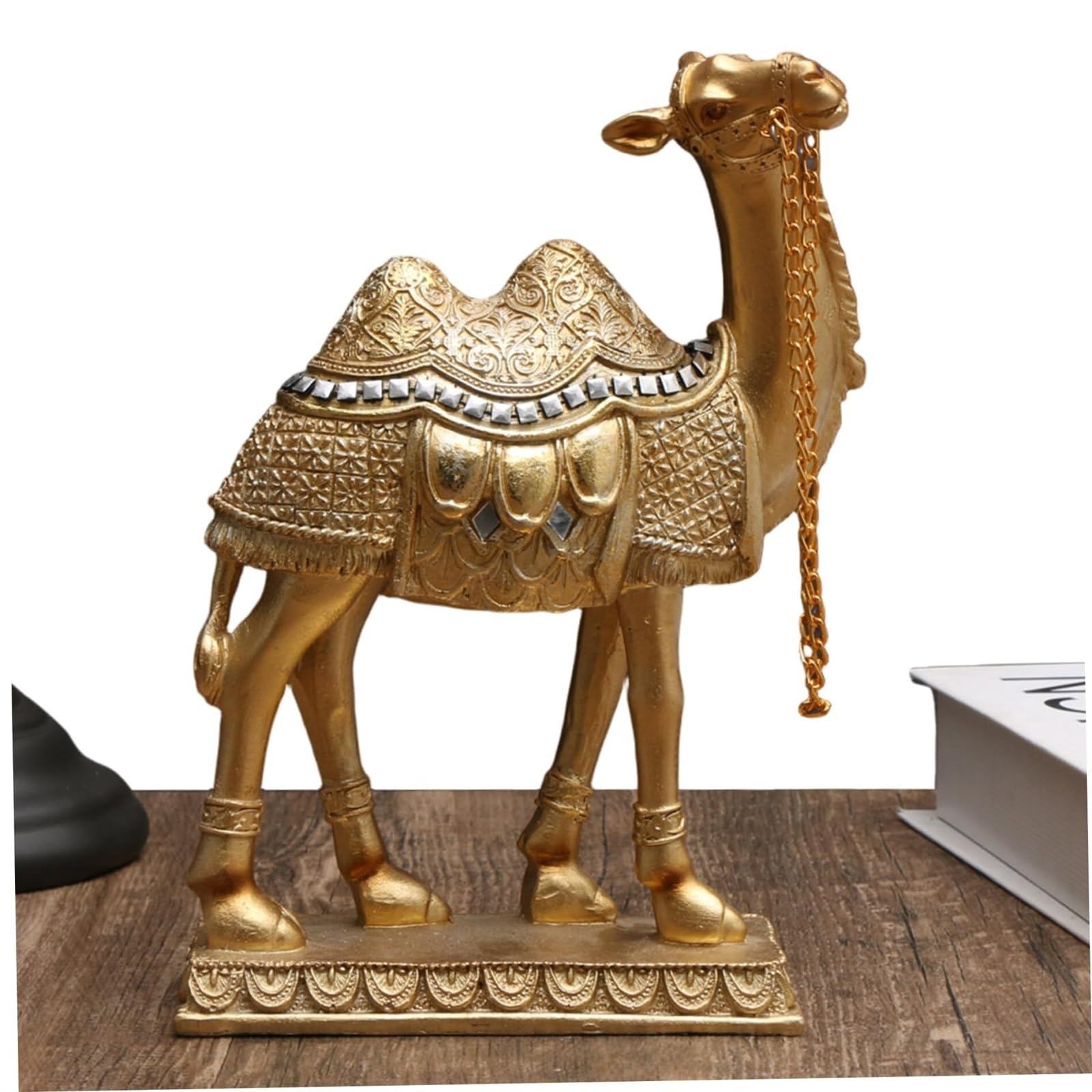 Statuetta da collezione Statua di cammello Figure animali 6x7,5 pollici Piccole statue squisite in resina dorata Decorazione per appartamenti