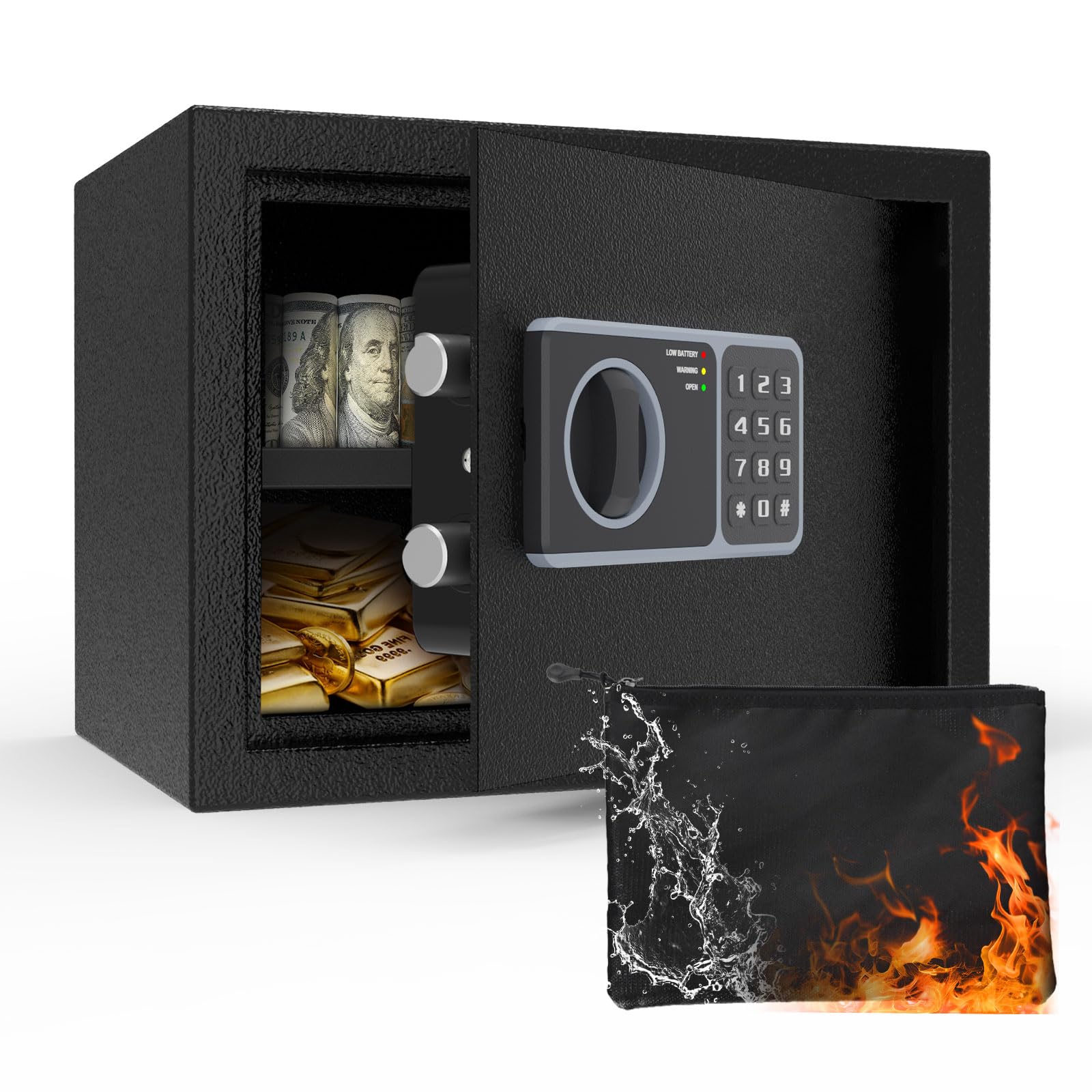 VALINIRT 34L Home Safes with Fireproof Document Bag and Key, Money Safe Box with Alarm & Light, Removable Shelf, Wall Mountable for Home, Office, Hotel Use