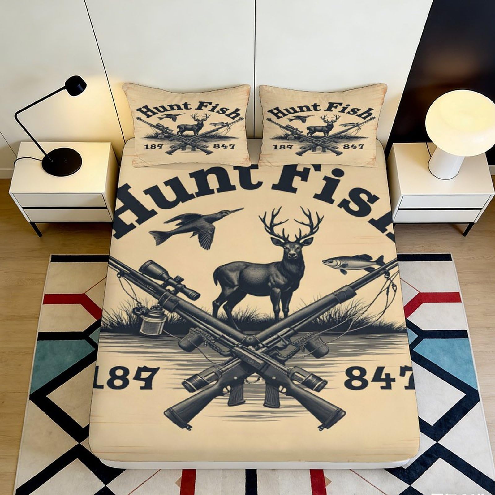 3D Printed Hunting Animal Pattern Fitted Sheet Microfiber Deep Pocket Non-Slip Deer Bird Mattress Fitted Cover for Bedroom 200x200x25cm 90x200x25cm