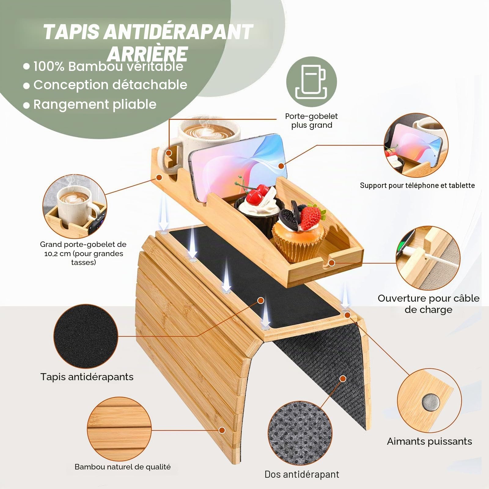 MARUKO Plateau Accoudoir Canapé, 3-en-1 Porte-Gobelet Magnétique Détachable en Bambou, Tablette Accoudoir Canapé avec Coussin Antidérapant, Table D'accoudoir de Canapé (Couleur Naturelle)
