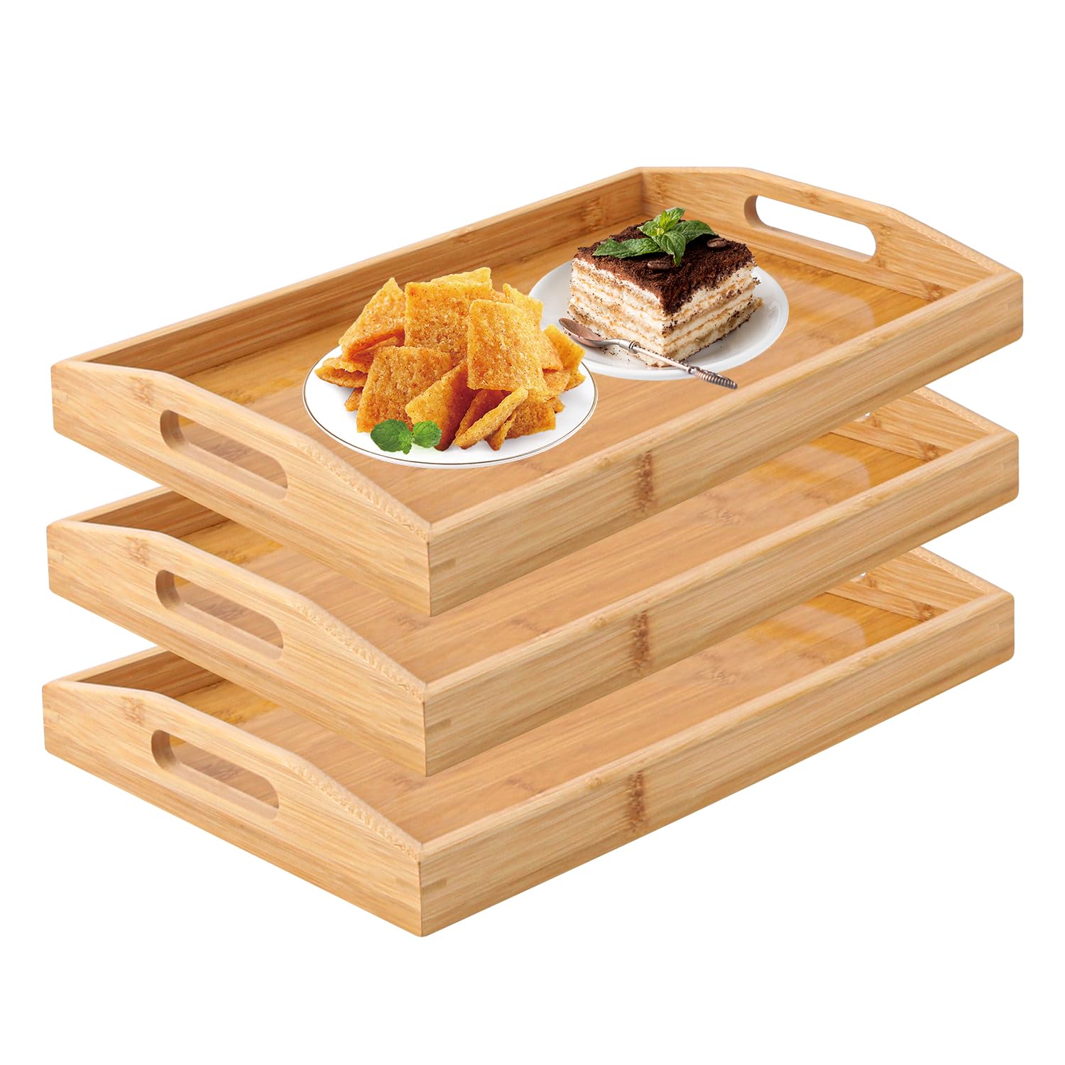3 bandejas de bambú para servir, bandeja de cama de desayuno con asa, bandeja de madera de 15 x 10 x 2 pulgadas para servir, bandejas de cama de desayuno para comer, decorar, mostrar pasteles