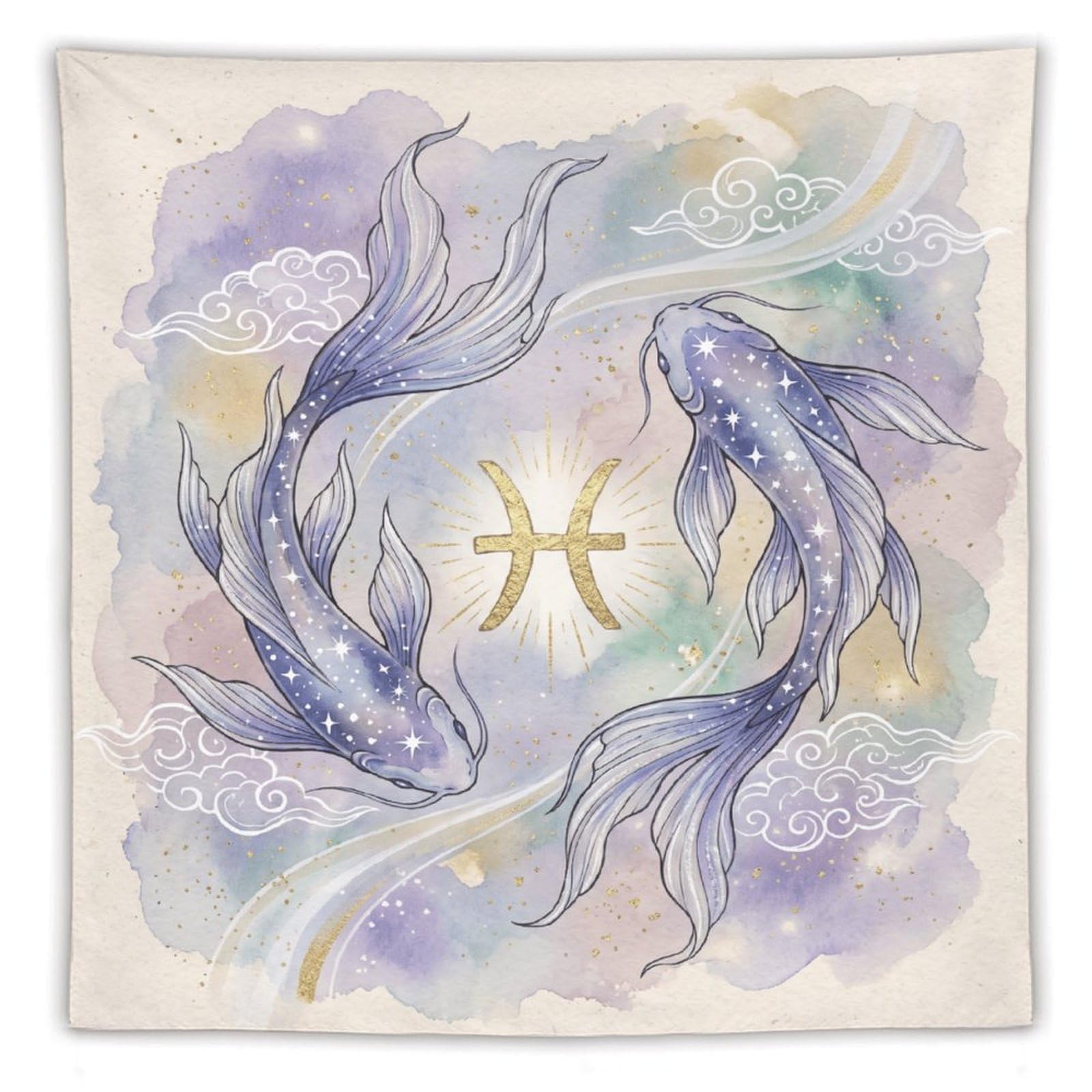 H3B8U2Y5 Pisces Koi Watercolor Wall Tapestry, Ukiyo-e, Minimalist Asian Art