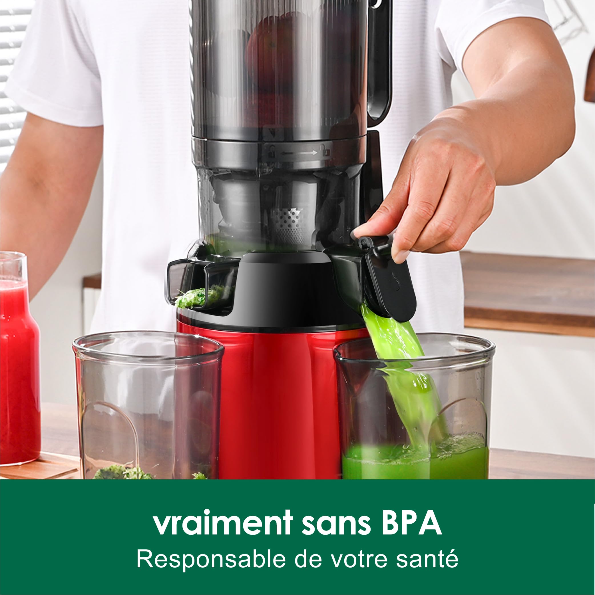Fretta Extracteur de jus Max, Extracteur de jus de fruits et légumes, Slow Juicer Grand diamètre de 135 mm, 1.8L pressé à froid, Sans BPA, Rouge