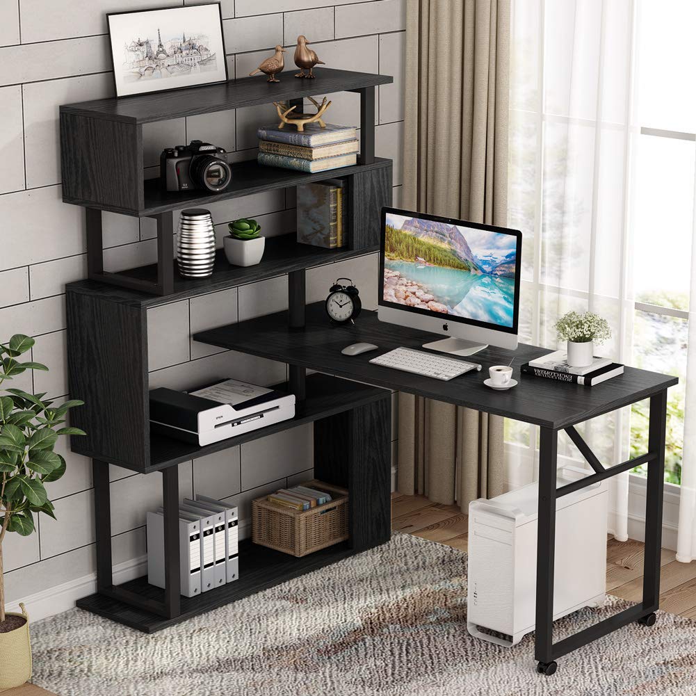 Buy Tribesigns Rotating Computer Desk with 5 Shelves Bookshelf, Modern