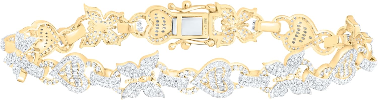 Jewels By Lux 10K Yellow Gold 3Cttw Natural Diamond Nk Fashion Butterfly Heart Bracelet (7 Inch)