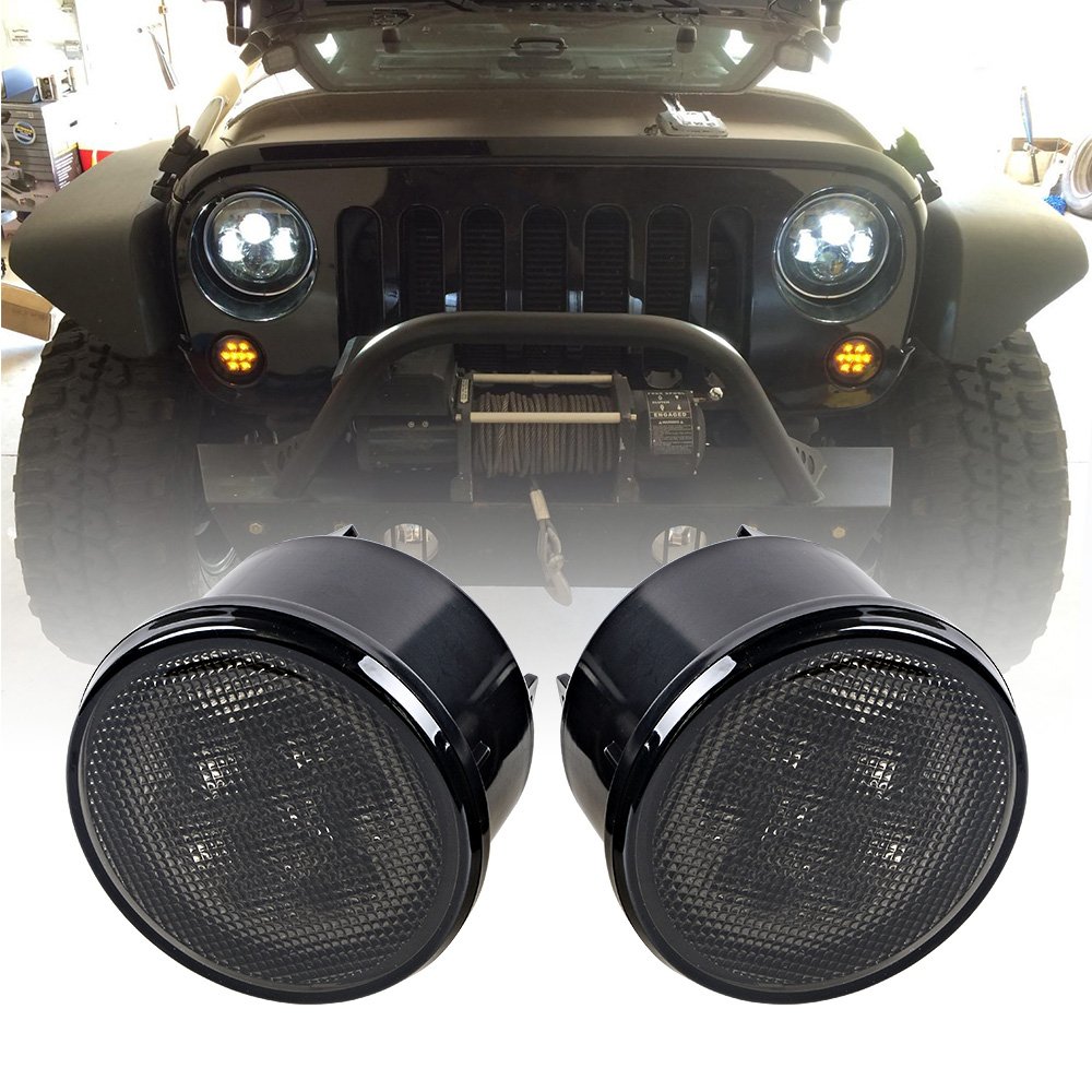 Astra Depot 2pcs Amber Smoke Front LED Turn Signal Indicator Lights Compatible For 2007-2017 Wrangler JK JKU