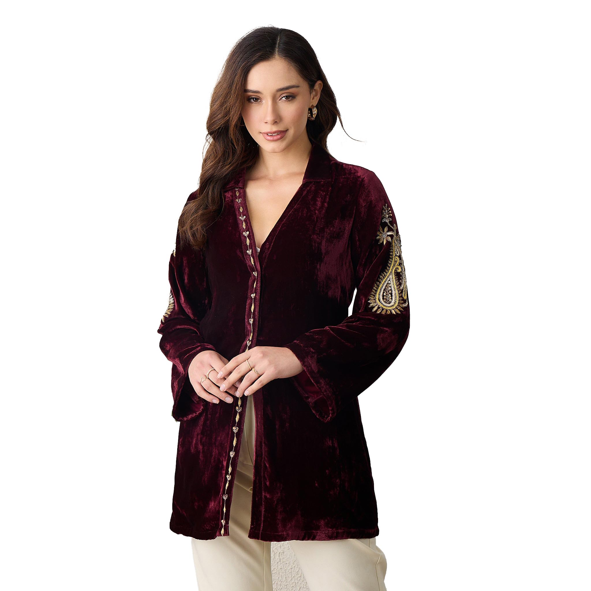 first resort Maroon Paisley Hand Embroidered Velvet Jacket-picture-22
