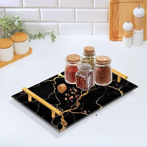 Miniatura 5 de Bandeja de tocador de mármol negro dorado para mostrador de baño, bandeja rectangular de mármol, bandejas decorativas de cocina, bandejas de Mármol