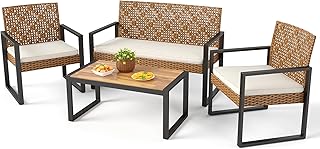 PHI VILLA Wicker Patio Furniture Set for 4, Rattan Loveseat & Chairs with Beige Cushions & Acacia Wood Coffee Table, Outdoor Modern Sectional Conversation Sofa Set for Deck, Yard, Porch