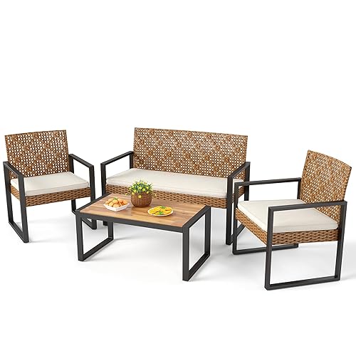PHI VILLA Wicker Patio Furniture Set for 4, Rattan Loveseat