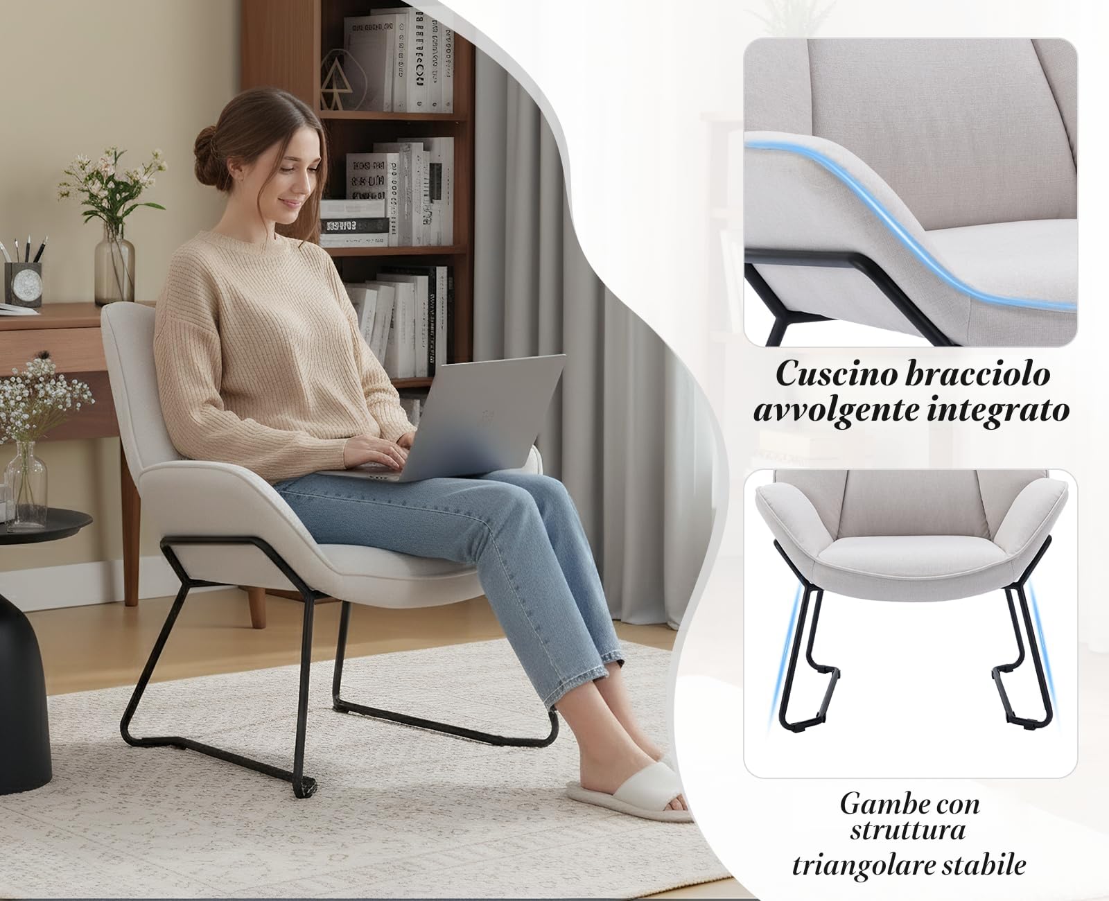 chairus Poltrona Salotto Poltrona Imbottite in Tessuto di Lino Poltroncina da Salotto con Braccioli Poltrone Moderne con Gambe in Metallo per Soggiorno/Camera da Letto, Beige