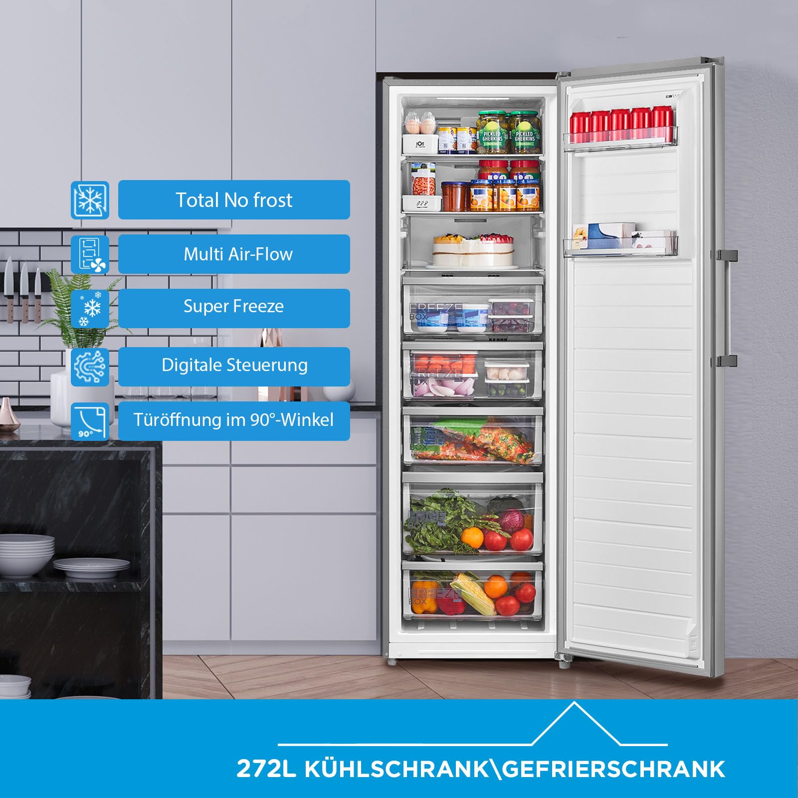 Midea Gefrierschrank & Kühlschrank in einem MDRU385MTC02 | 272L, 185 cm | Umschaltbarer Kühl- & Gefriermodus | NoFrost & Multi Air Flow | GMCC-Kompressor, 157 kWh/Jahr, Leise | Freistehend, Inox