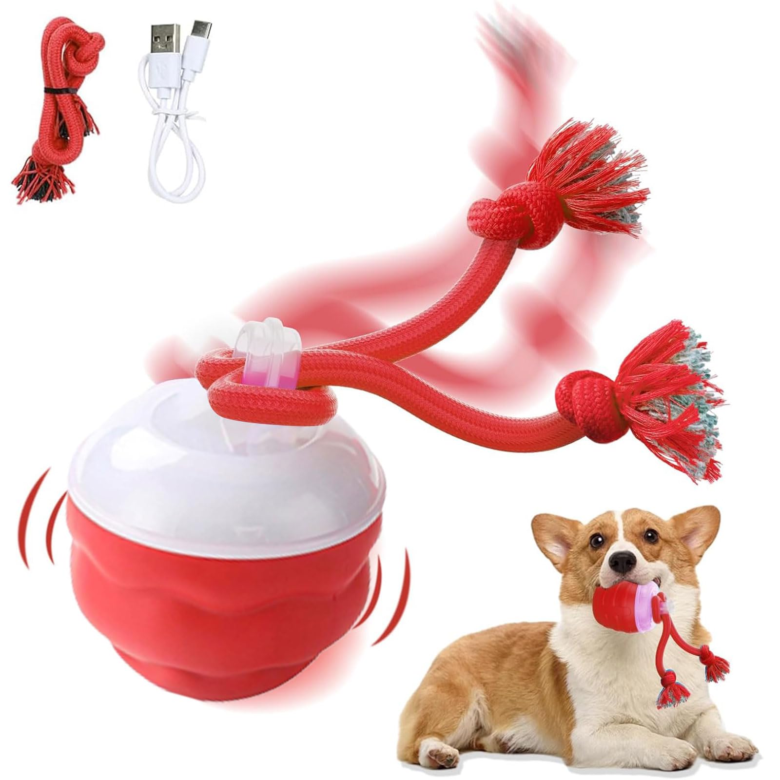 kyno 2026 New Interactive Dog Toys Touch Activated Bouncing & Jumping Dog Ball with Rope, Chase Buddy Dog Toy, Squeaky Doggie Toys to Keep Them Busy, USB Rechargeable (red)