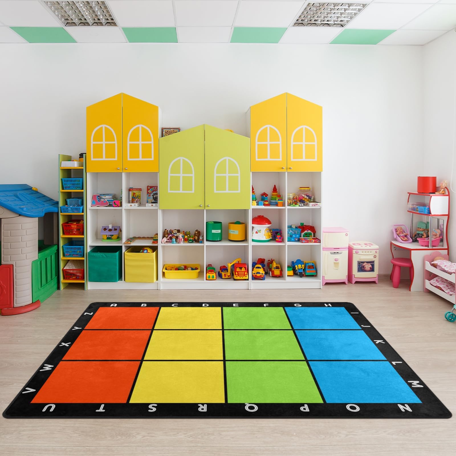 Classroom Carpets Playmat Rugs - 5x7 Ft Kids Rug with Rubber Backing, Colorful Squares with Letters Classroom Seating Rug Play Mat Nursery Rugs for Preschool Elementary Playroom -12 Seating