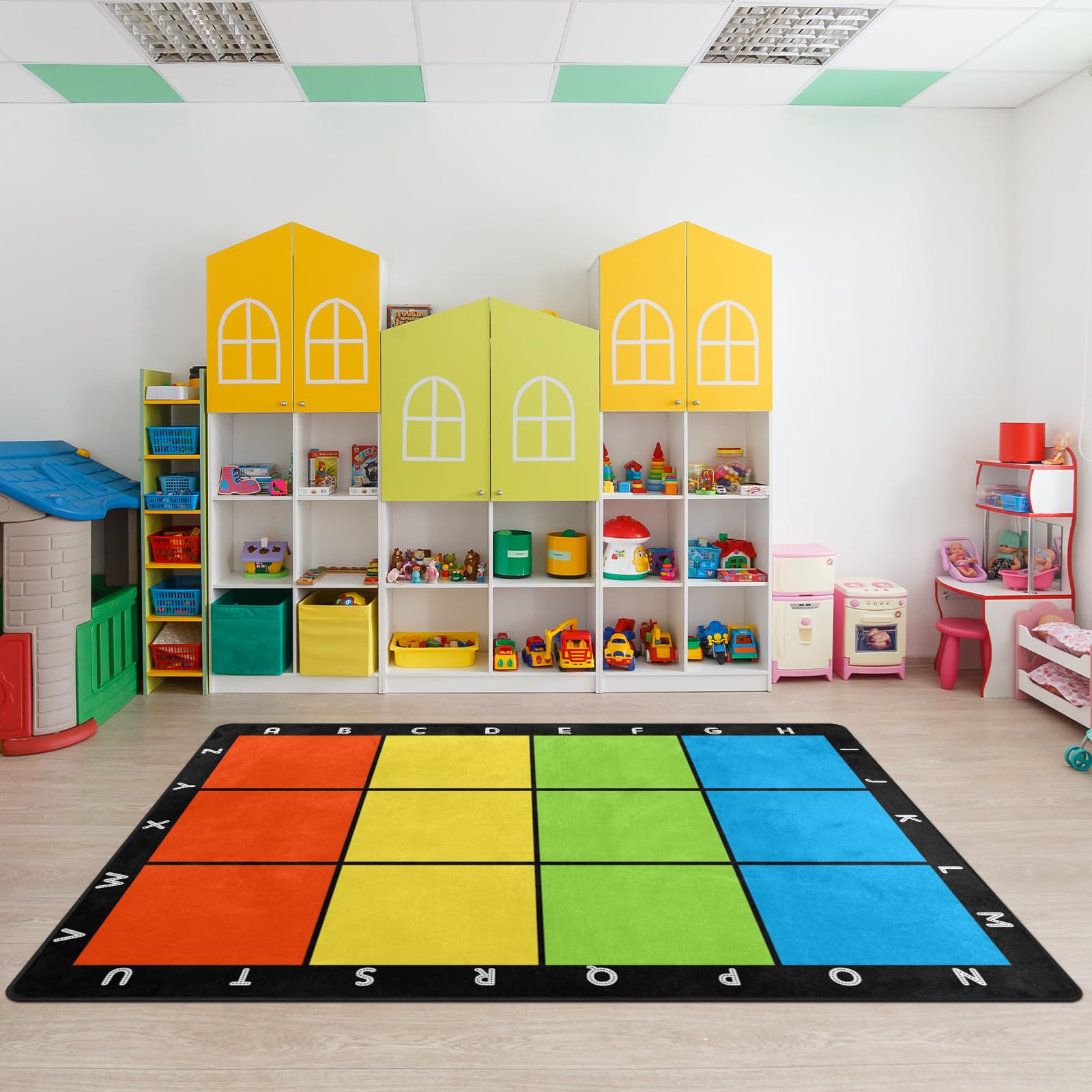 Classroom Carpets Playmat Rugs - 6x9 Ft Kids Rug with Rubber Backing, Colorful Squares with Letters Classroom Seating Rug Play Mat Nursery Rugs for Preschool Elementary Playroom -12 Seating