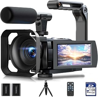 5K Video Camera Camcorder with 32GB SD Card, Microphone, Tripod, Stabilizer - Complete Vlogging Kit for YouTube, 56MP, WiFi, IR Night Vision, 3" 270° Touchscreen, 2 Batteries, Remote, Webcam