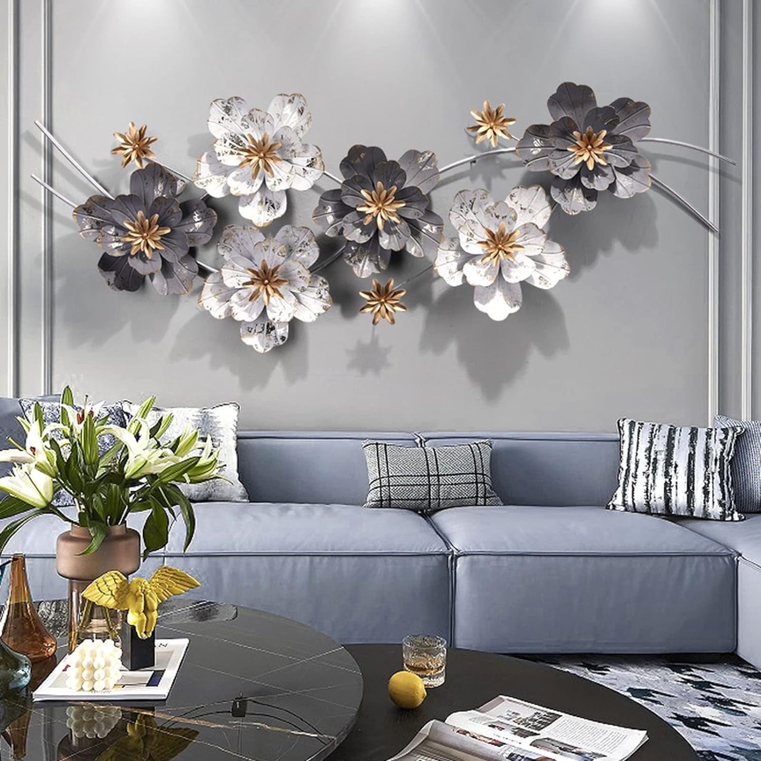 Yaiunhiq Silver Creative 3D Wall Decoration Metal Sculpture Iron Art Decoration Wall Decoration Living Room Bedroom Flower