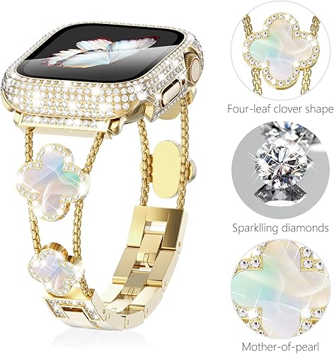 Miniatura 3 de Surace Compatible con correas doradas de Apple Watch de 1.575 pulgadas para mujer, joyería de diamantes de imitación de acero inoxidable con funda