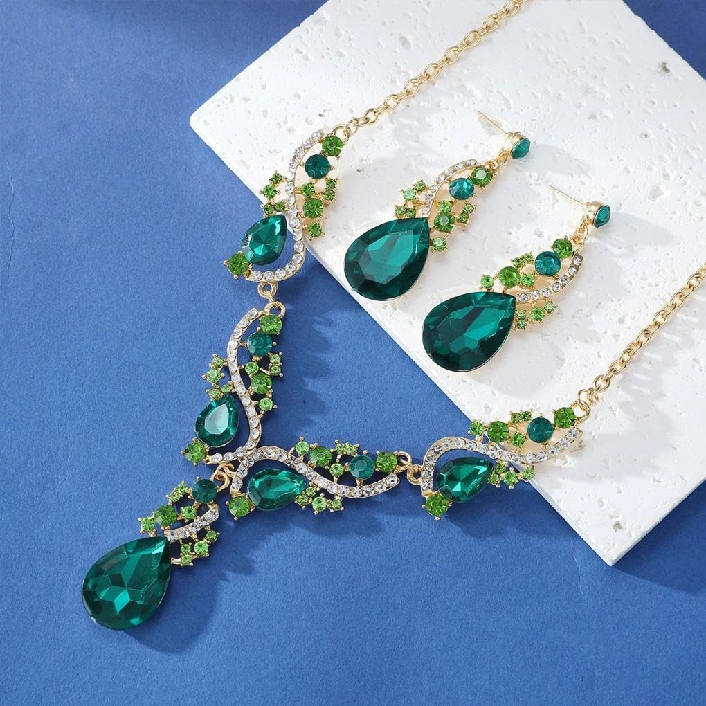 Vintage Green Teardrop Rhinestone Necklace Earrings Set for Women,Sparking Colored Zircon Cluster Dangle Earrings,Trendy Wedding Jewelry Accessories Gift - Image 5
