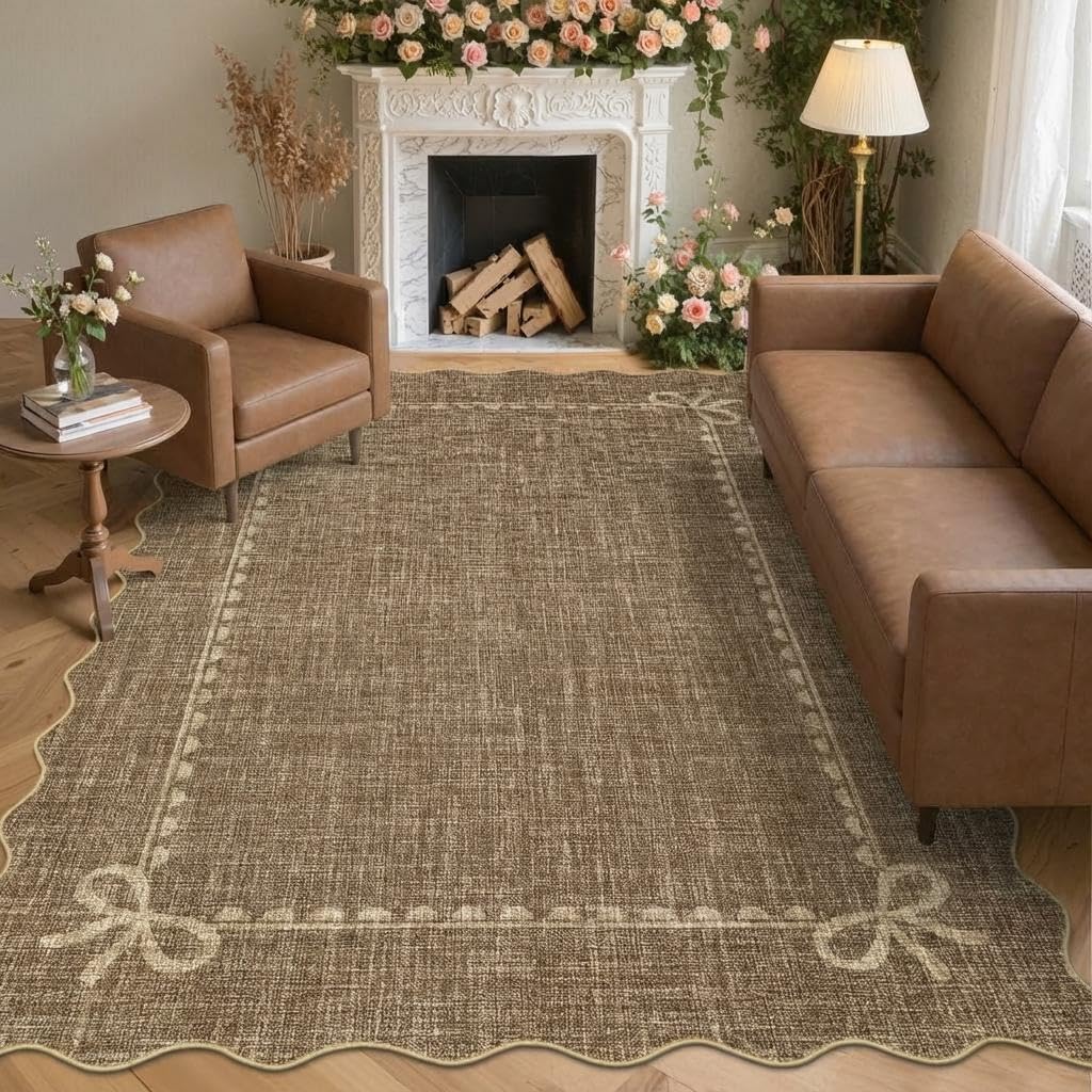 160x230cm Modern Scalloped Bow Rug Washable for Living Room Light Brown
