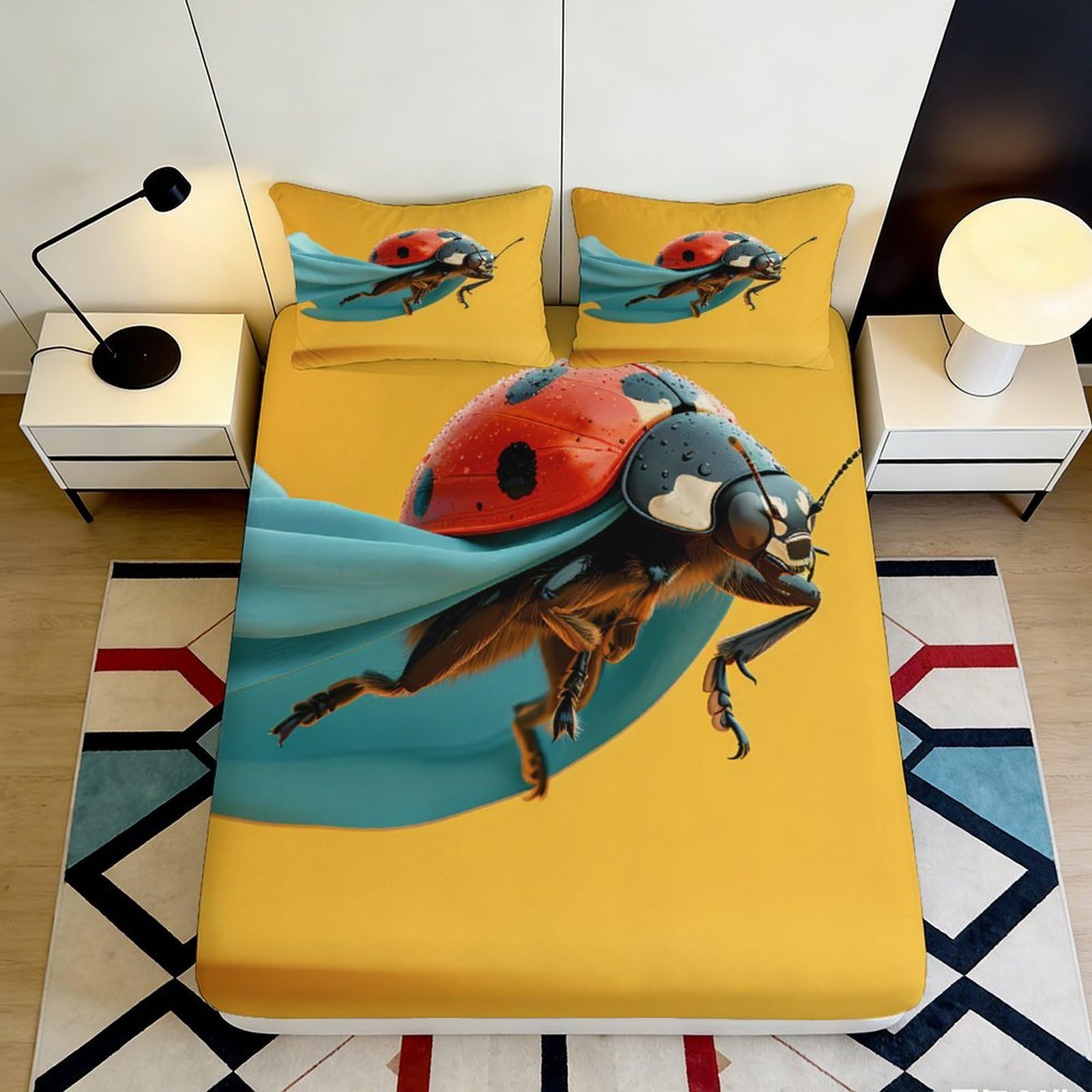 3D Printed Ladybug Pattern Fitted Sheet Microfiber Deep Pocket Non-Slip Ladybird Mattress Fitted Cover Bedding for Adult Teen 200x200x25cm