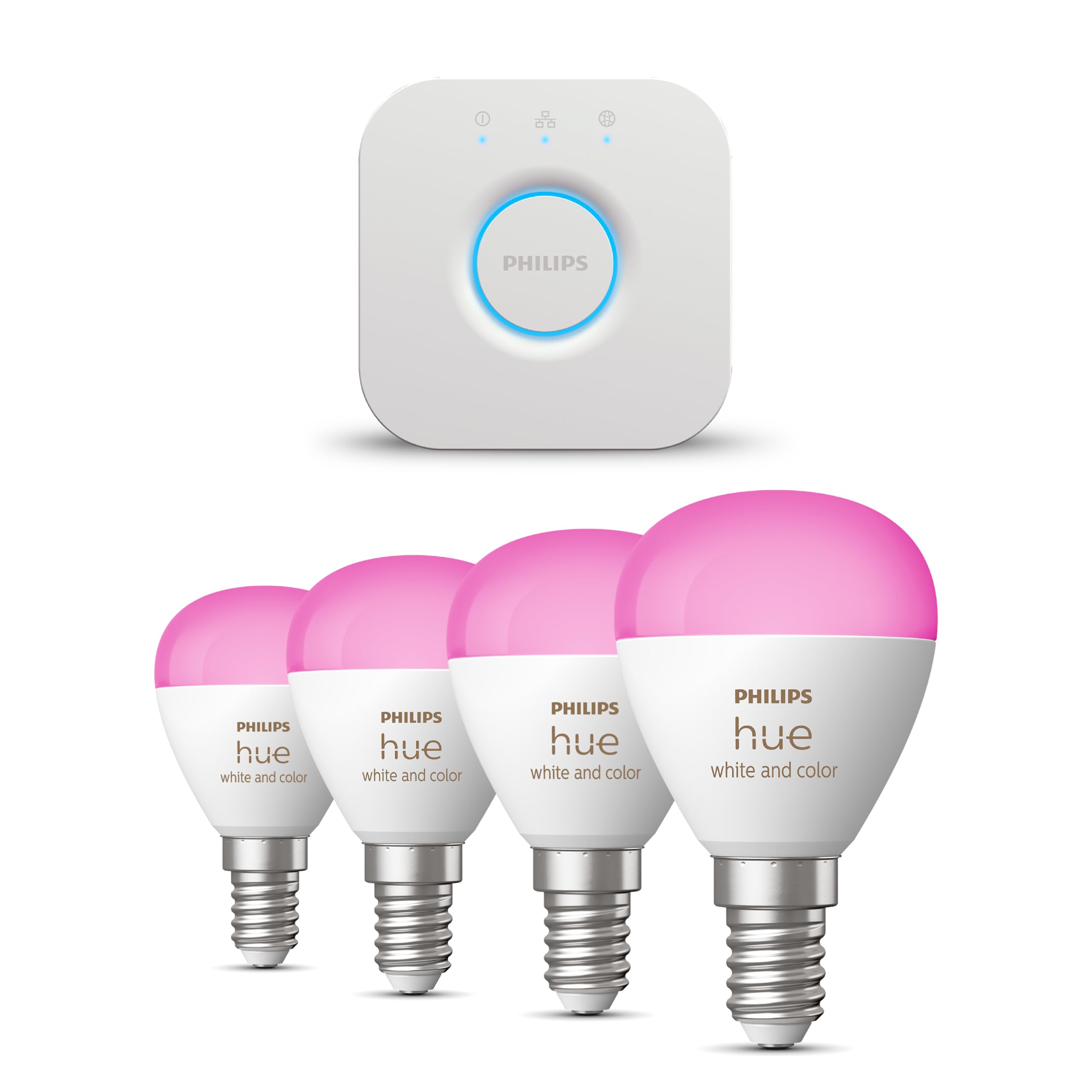 Philips Hue Starterpaket - E14 - mit 4 Kugel LED Lampen - Weißes und Farbiges Licht - inkl. 1 Hue Bridge - Hue White and Color Ambiance