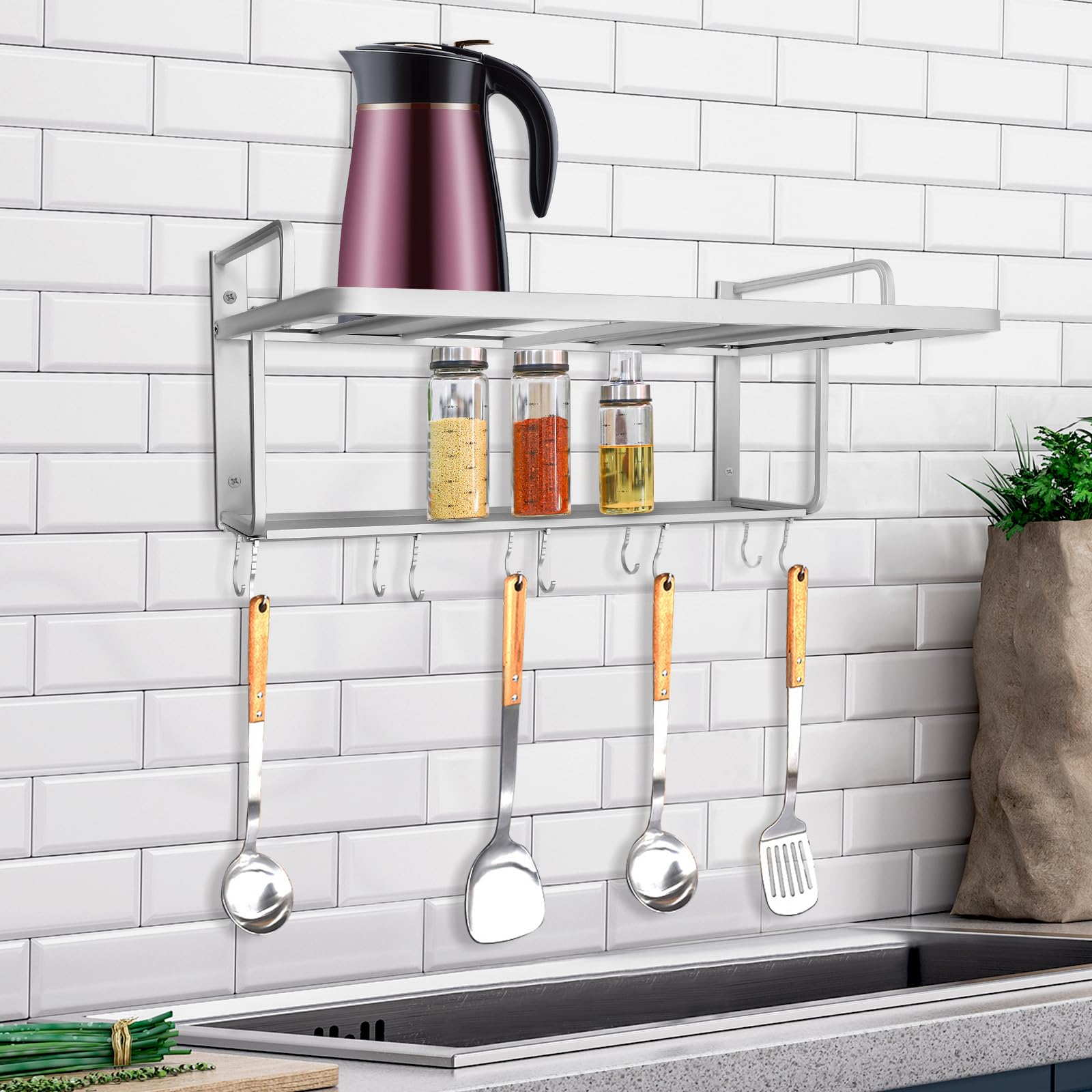 Soporte para microondas de Pared de 2 Niveles, Estante de Pared para microondas, Estante con 10 Ganchos, Estante para Horno de microondas para Cocina, Color Plateado