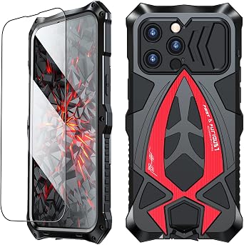 Armor Phone Case for iPhone 14 Pro Max Military Grade Cover 360 Full Protection Heavy Duty Hybrid Metal Bumper Built-in Silicone Shockproof with Screen Protector - Black + Red