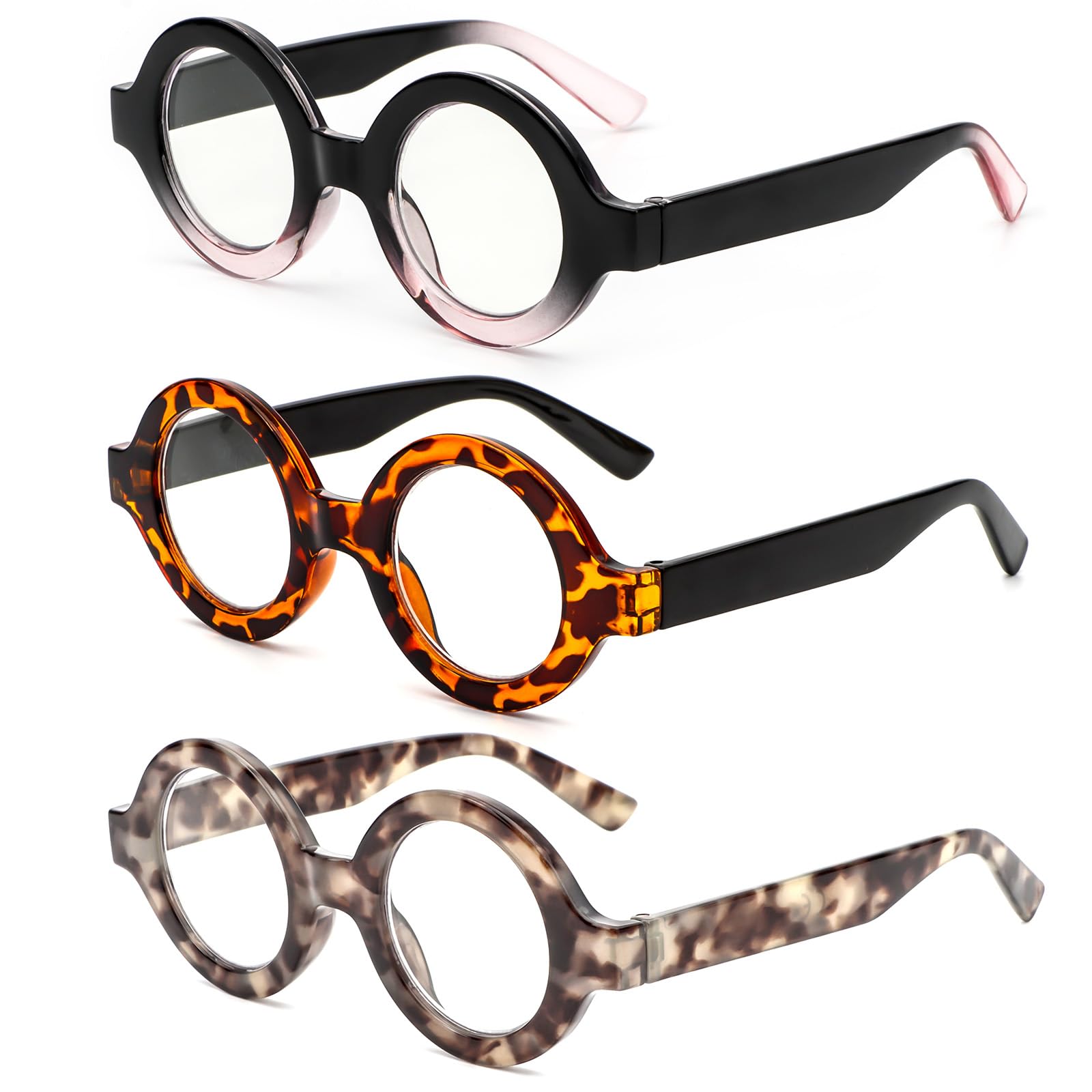 KoKoBin 3 Pack Oversized Round Reading Glasses for Women and Men Blue Light Blocking Comfortable Readers