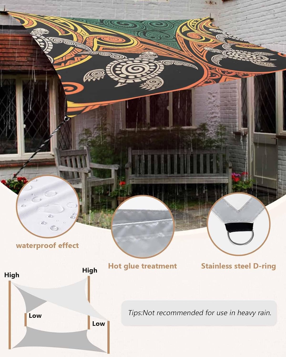 Sun Shade Sail 8'x10' Polynesian Turtle Rectangle Sun Shade Sails Canopy Waterproof Bohemian Style Abstract Ethnic Pattern Outdoor Sunshades Sand UV Block Cover Shades Cloth for Patio Backyard Porch