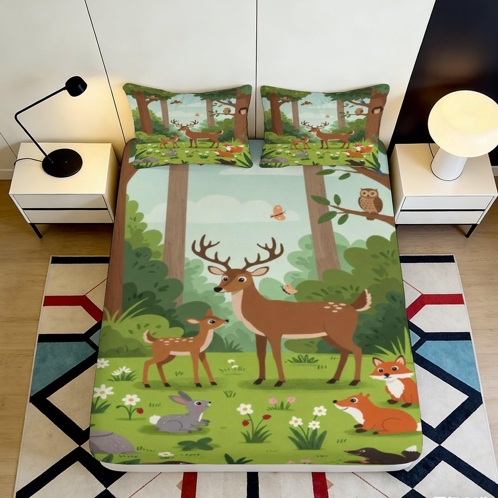 3D Printed Forest Deer Fitted Sheet Microfiber Soft Woodland Animal Mattress Cover for Bedroom Guest Room Decor 180x200x25cm
