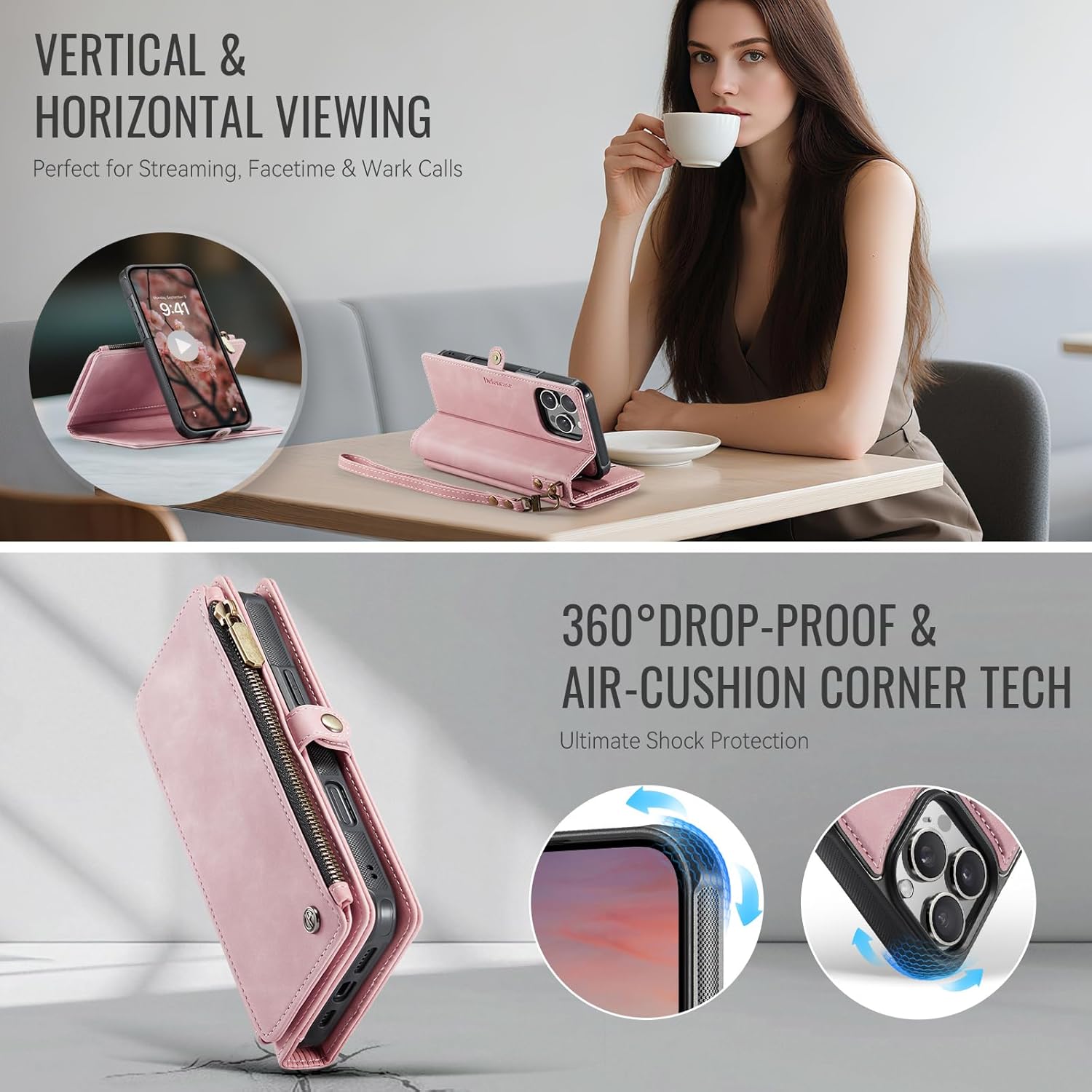 Defencase for iPhone 16 Pro Max Magnetic Wallet Case Compatible with Magsafe with RFID Blocking Zipper Strap Card Holder for Women PU Leather Detachable Case for iPhone 16 Pro Max (6.9"), Rose Pink - Image 5