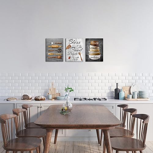 Miniatura 2 de iHAPPYWALL Decoración de pared de cocina Bless the Food Before Us con texto en inglés "Bless the Food Before Us", diseño rústico para comedor,