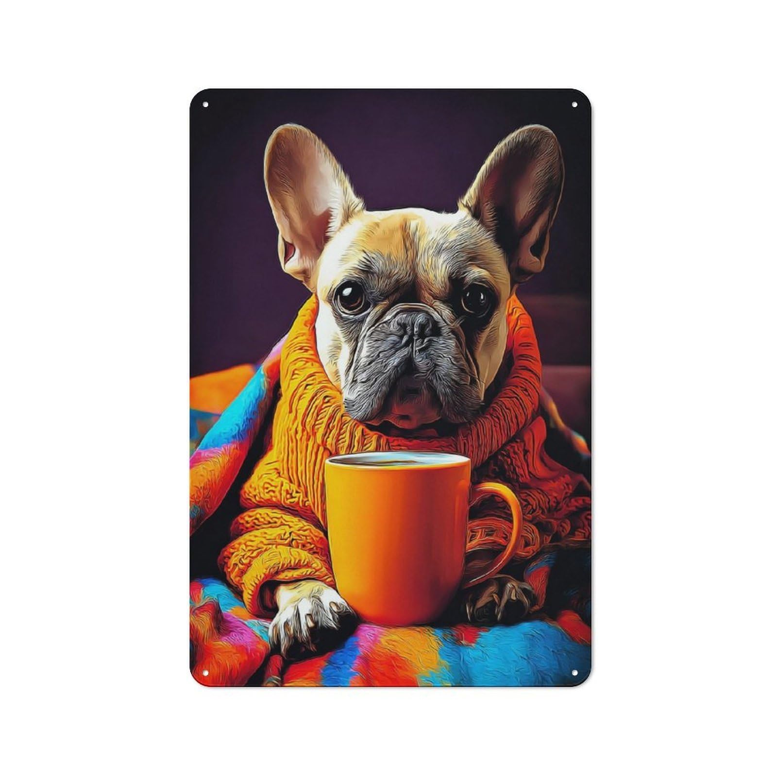 Junmoney Cozy French Bulldog With Hot Beverage -1 Rustic Tin Wall Sign 30X20cm Featuring Bistro Wall Plaque For Restaurant, Kitchen, Counter Or Breakfast Nook