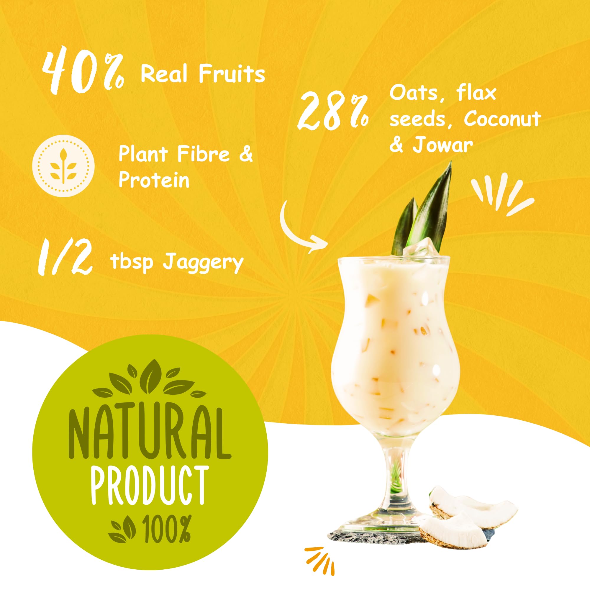 Crevea Pinacolada Breakfast Smoothie Powder — Natural Fruit Powders, Oats, Flax Seed, Coconut | No Preservatives, No Refined Sugar - Delicious & Healthy Shake - Ready to make Smoothie Mix (7 serves) - Image 3 thumbnail