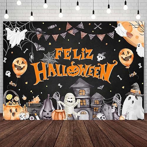 Telón de fondo de Halloween de 7 x 5 pies, decoración de fiesta de cumpleaños negro y naranja, suministros de decoración de Halloween, globo de