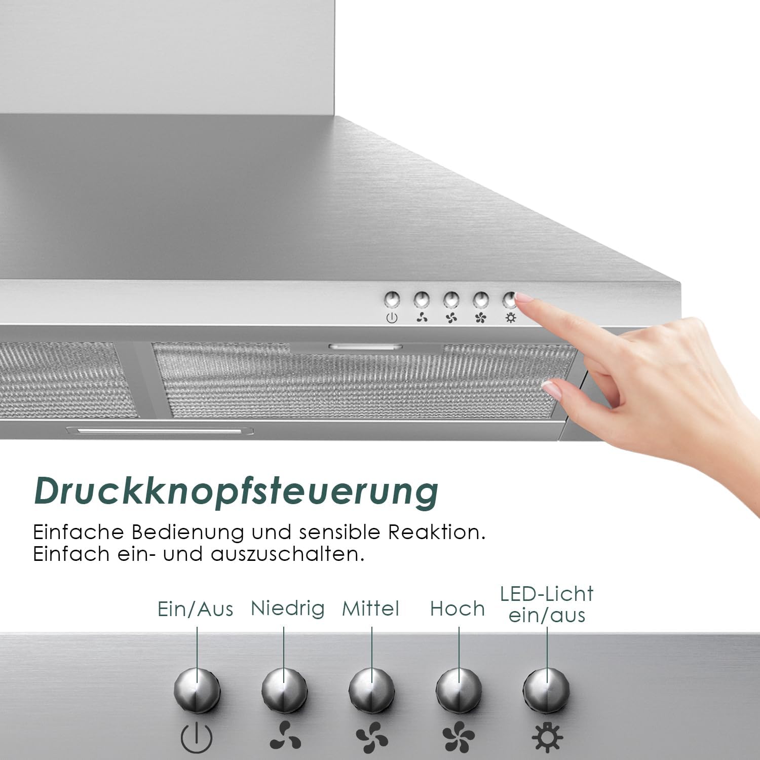 Dunstabzugshaube 60cm Umluft 350 m³/h Pyramide Edelstahl Silber 3 Leistungsstufen