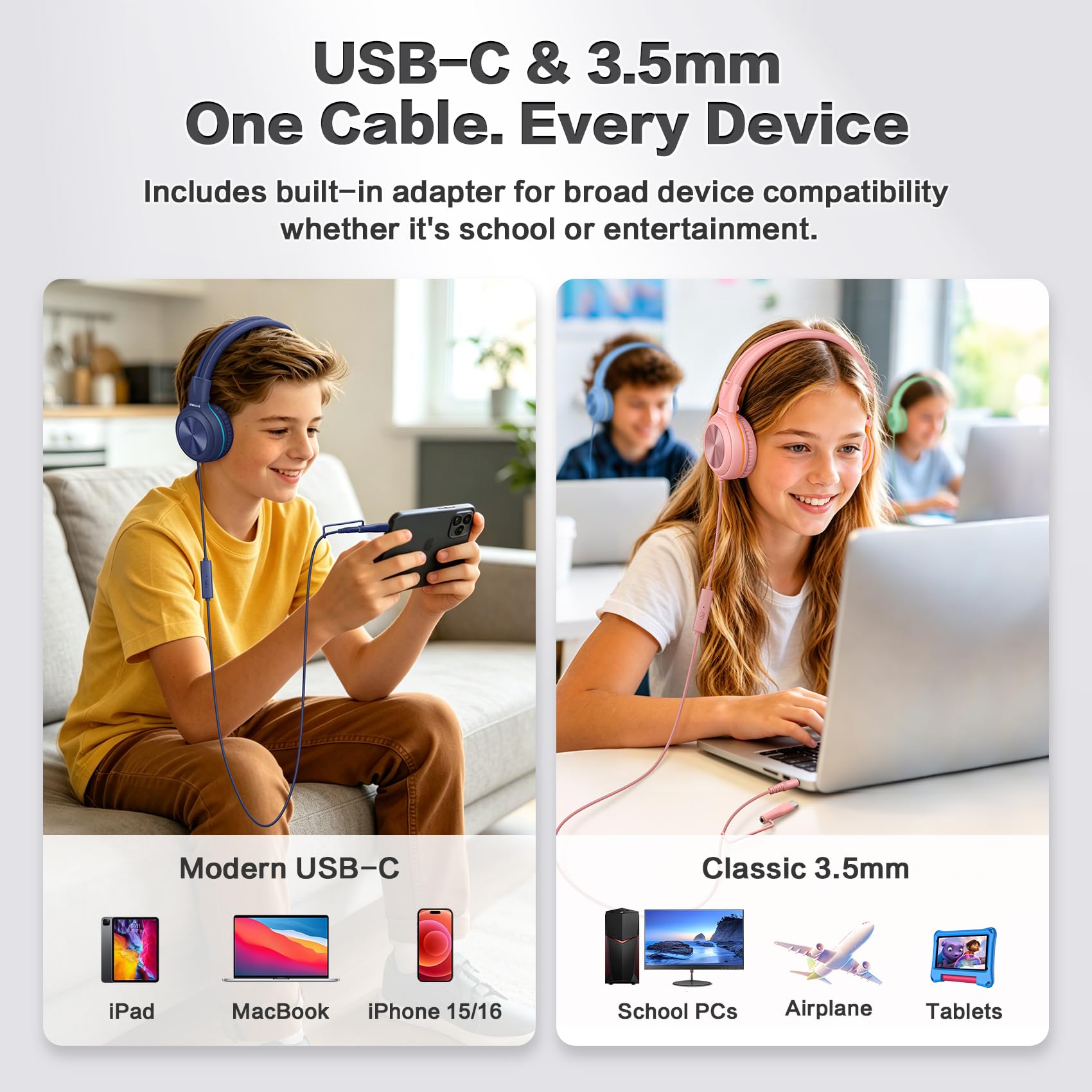 SIMOLIO Confezione da 2 cuffie cablate per bambini, da USB C a dongle da 3,5 mm, porta di condivisione, cuffie pieghevoli per adolescenti, ragazze, ragazzi, limitatore di volume a 3 livelli con