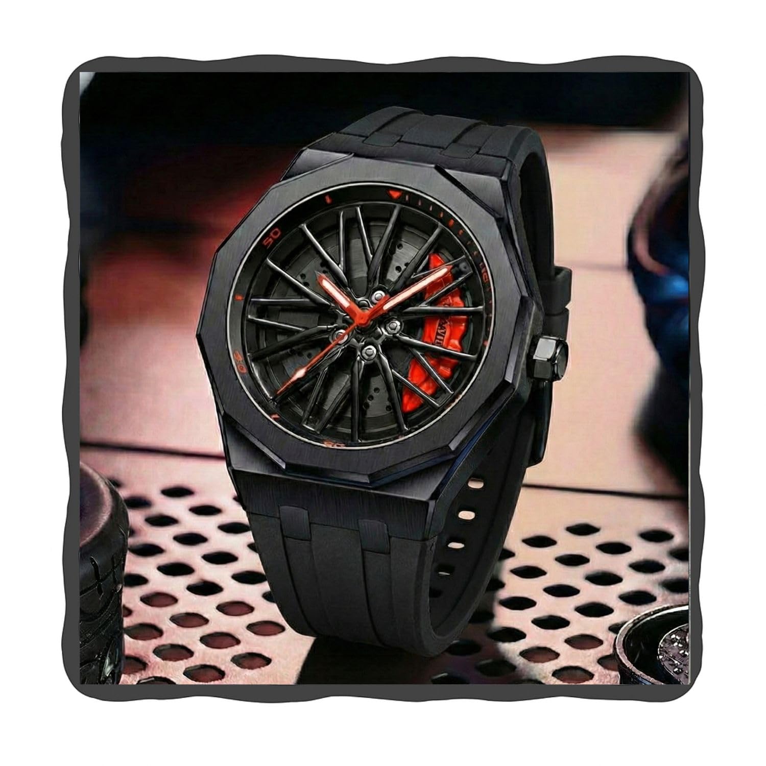 Spinning Car Wheels Gyro Men's Sport Watch| 360° Rotating Car Wheel Dial Watch for Men | 3D Rim Hub Sports Design | Quartz Analog Wristwatch with Soft Silicone Strap-image-14