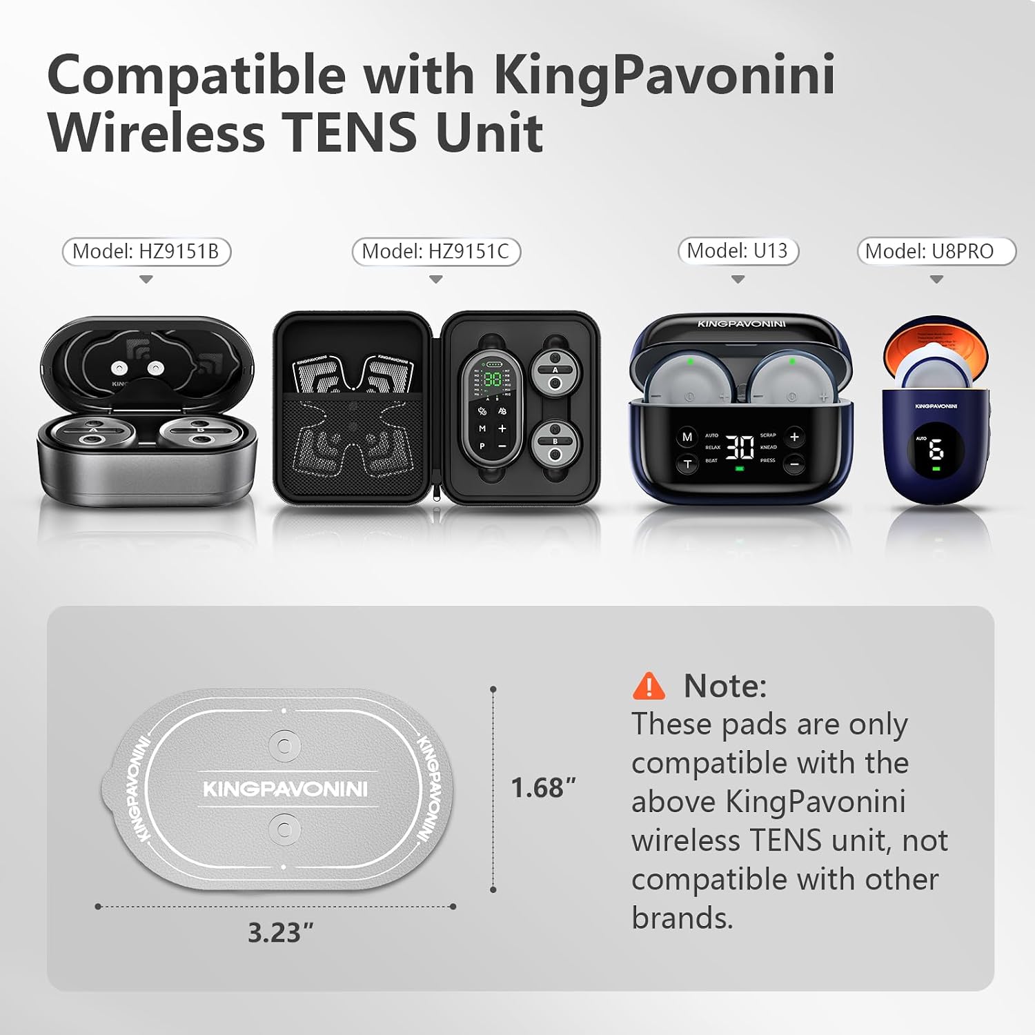 KingPavonini Official TENS Unit Replacement Pads (Model U8PRO, U13, HZ9151B, HZ9151C), Only Compatible with KingPavonini Wireless TENS Unit