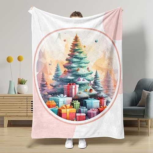 Manta de árbol de Navidad con temática de Navidad, pintura al óleo, acuarela, estampado de Navidad, franela para el hogar, cálida y lavable, para