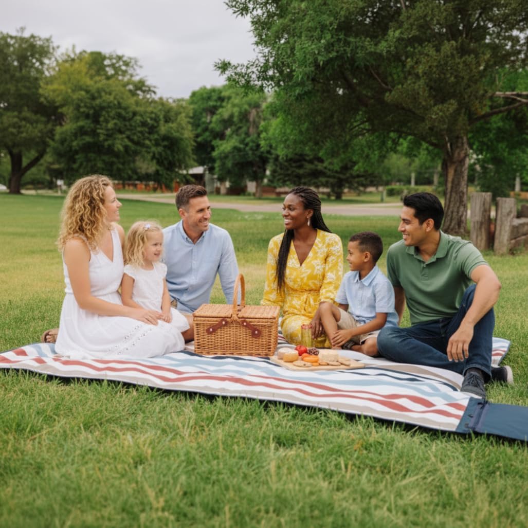 Picnic TIME Blanket Tote XL Outdoor Picnic Blanket, 70"x80" Foldable Beach Mat with Soft Fleece Top, Water-Resistant Backing, Carry Strap & Pocket, Portable Blanket for 4-5 People (Coastal Stripe)