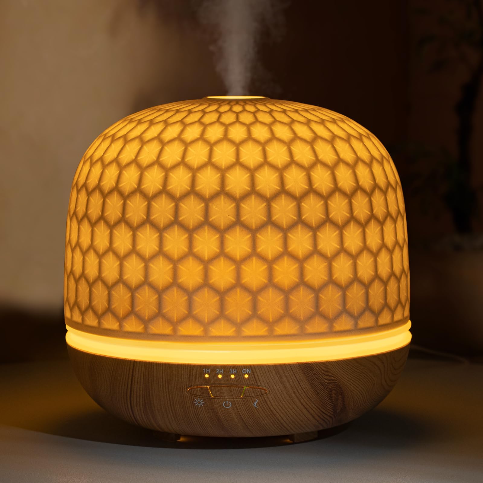 Difusor de cerámica, difusor de aceite esencial blanco de 500 ml, difusores ultrasónicos de aromaterapia para aceites esenciales, humidificador de niebla fría con temporizadores, luces