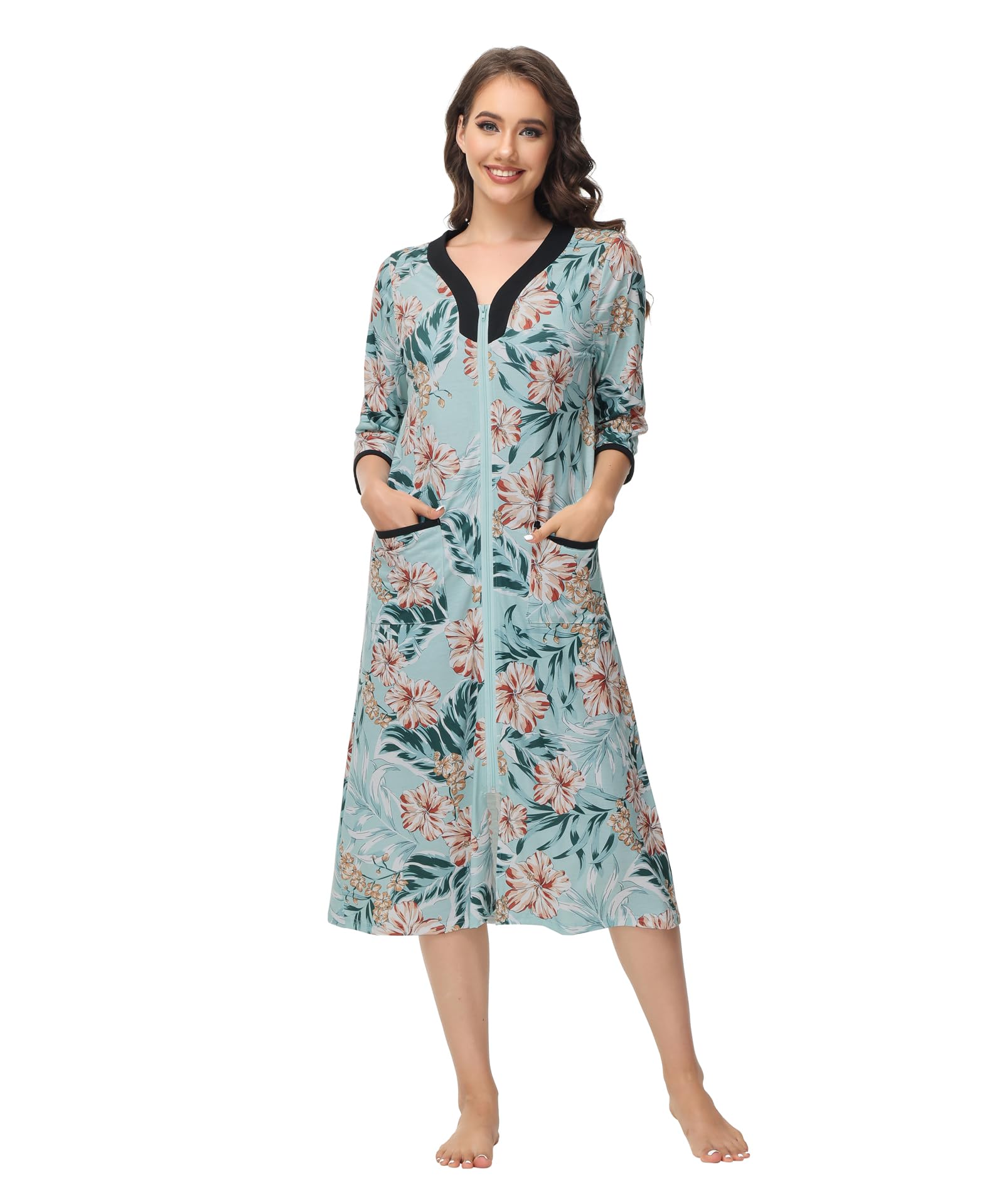 Citridarll Women's Green Long Housecoat For 3/4 Sleeves Robe Zip Up Bathrobes Full Length Nightgown Loungewear With Pockets,,S